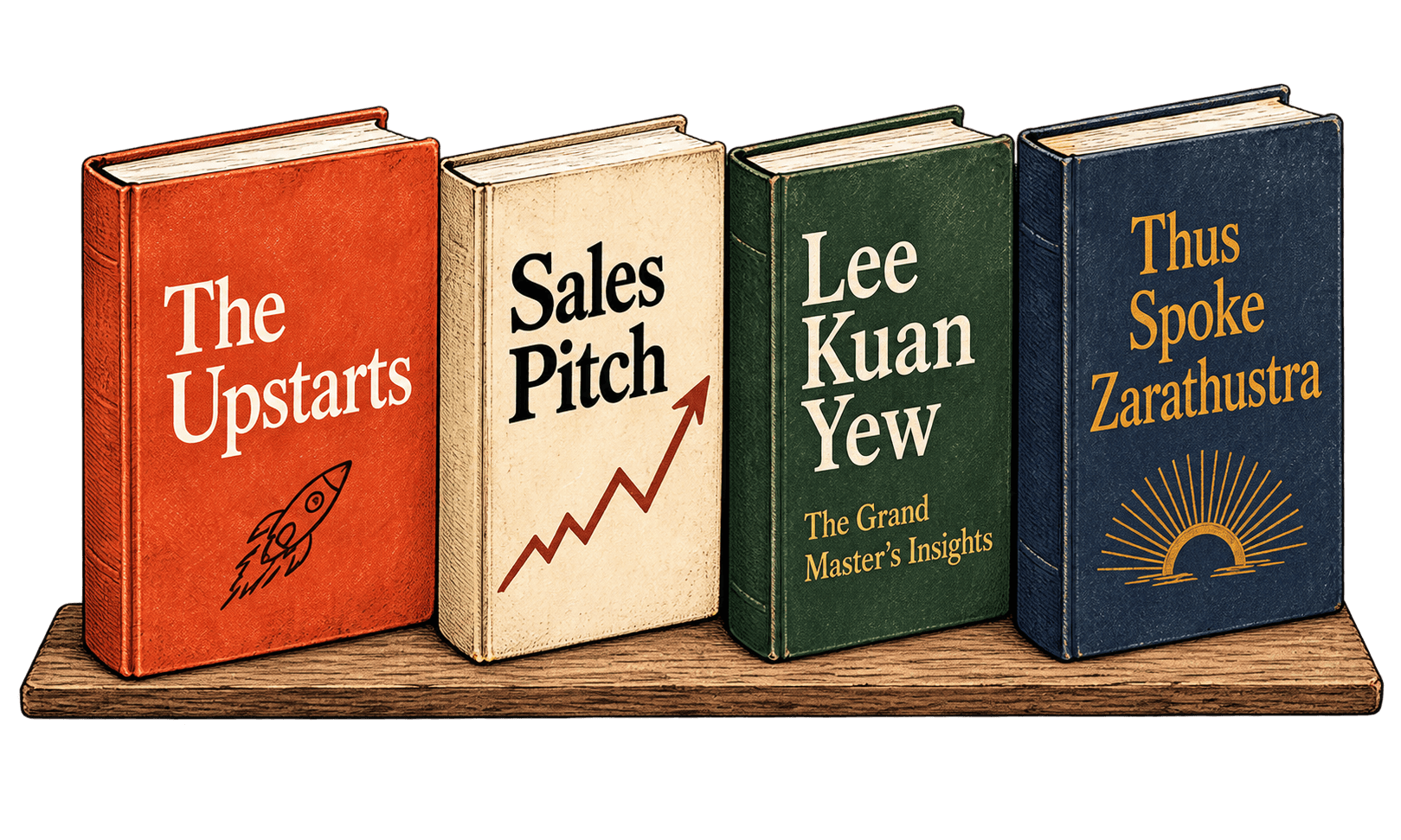 The Upstarts; Sales Pitch; Lee Kuan Yew: The Grand Master’s Insights; Thus Spoke Zarathustra, standing on a wooden shelf.